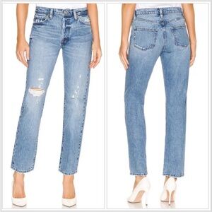 Frame Denim Le Slouch Straight Leg Distressed Bluejay Rips Jeans, size 27